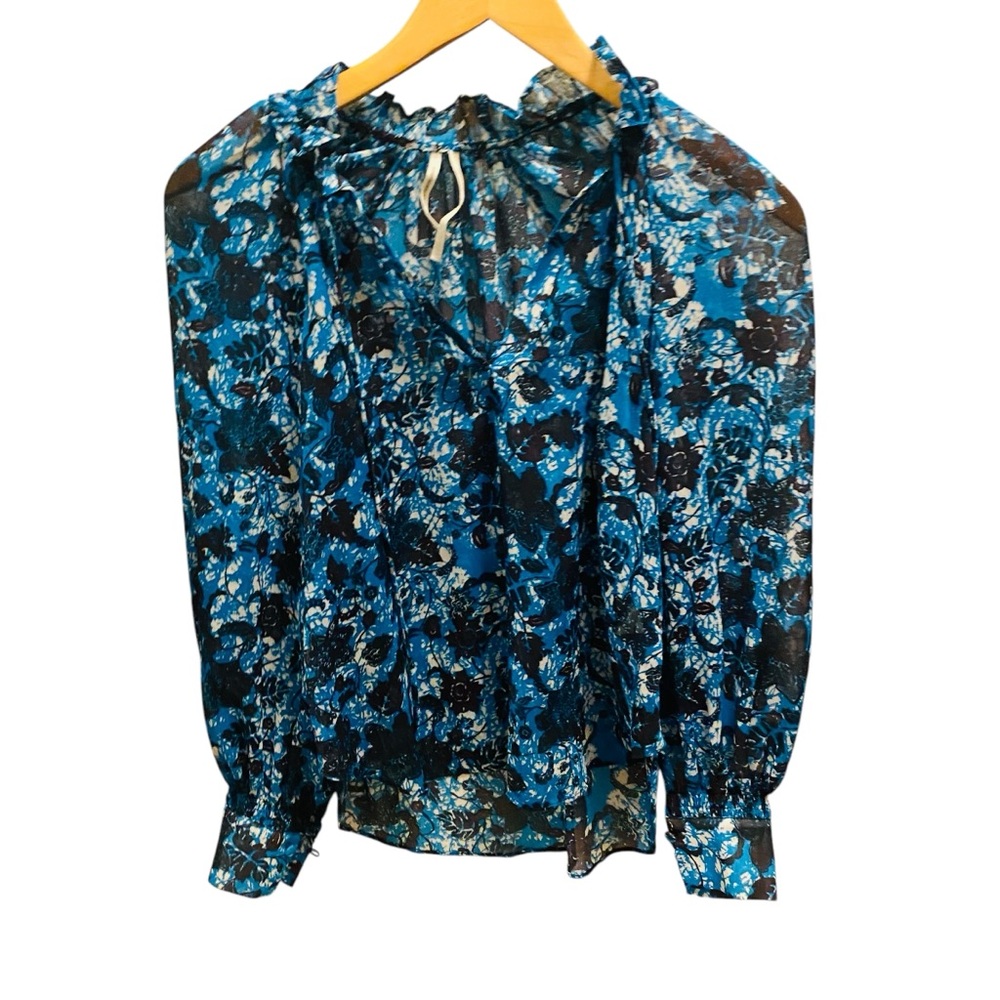 ANTHROPOLOGIE Sheer Printed Western Peasant Blouse Blue Black Floral - Picture 6 of 10